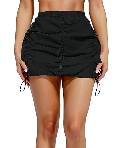 Womens Cargo Skirt Y2K - Casual Summer High Waisted Bodycon Pencil Ruched Mini Skirts Side Drawstring and Pockets Black L