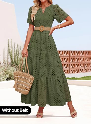 Image of ZESICA Women's 2026 Summer Short Sleeve Maxi Dress Casual V Neck Hollow Out Eyelet Ruffle Swing A Line Long Dresses