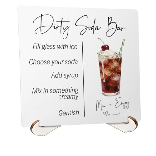 SkipTiger Dirty Soda Wedding Bar Wooden Desk Decor Sign 5x5 Inch Soda Beverage Treat Bar Signs Plaque With Wooden Stand for Reception Ceremony Baby Bridal Shower Desk Table Shelf Decoration