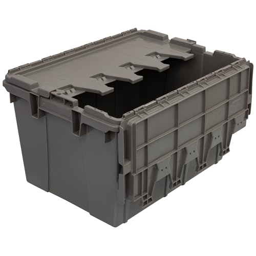 Buckhorn Industrial Lidded Plastic Storage Container, Nesting and Stackable Plastic Storage Box with Lid Attached, Organization Tote for Garage and Warehouse, 12 Gallon Capacity, 21"x15"x12", Gray