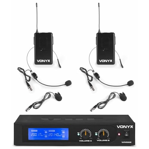 Vonyx WM522H Set de 4 Micrófonos Inalámbricos VHF 2 Canales, con 2 Microfono Solapa, 2 Microfono Diadema, 2 Petacas y 1 Receptor, Incluye Maletín de Plástico para Transporte y Protección