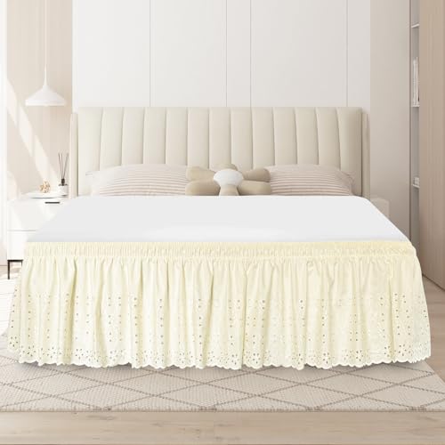 ANARACHON Falda de cama tamaño Queen, falda de cama elástica con volantes y ojales, tamaño Queen, volantes con estilo recogido y detalles bordados, longitud de caída de 18 pulgadas (marfil)
