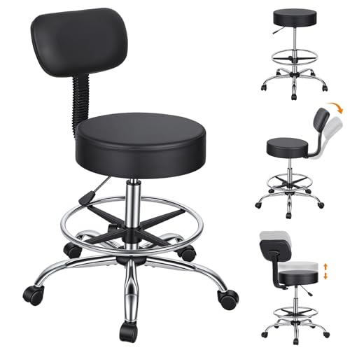 Image of Drafting Chair, Height Adjustable Rolling Work Stool with Footrest Ring, Faux Leather Padded Seat Heavy Duty 250lbs for Office Workshop Garage (Black-E)