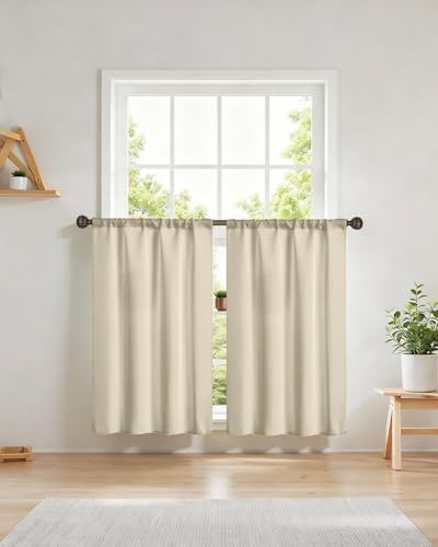 Easy Home Short Blackout Window Curtain Rod Pocket Thermal Privacy Curtain Tiers 36 Inch Length for Kitchen Farmhouse Closet, Living Room, Bathroom Shades (Gold, 27
