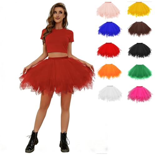 Tüllrock Damen Rot Tütü Rock Elastische Hohe Taille Ballettrock Petticoat Tanzkleid Karneval Kostüm,Rot