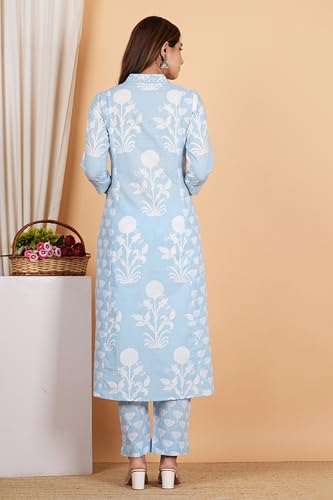 Image of Yash Gallery Women's Cotton Calf Length V-Neck Botanical Print Regular Fitted Anarkali Kurta With Pant & Dupatta