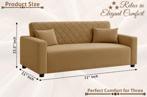 Image of Rosebell 3 Seater Wooden Sofa for Living Room, Modern Fabric Upholstered Sofa with Quilted Backrest, Cushioned Seating, Padded Armrests & Sturdy Wooden Frame - Golden
