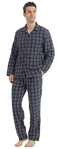 Cotton Pajamas for Men Button Down Flannel Pajamas Mens Sleepwear Plaid Pjs Set Warm Loungewear Nightwear
