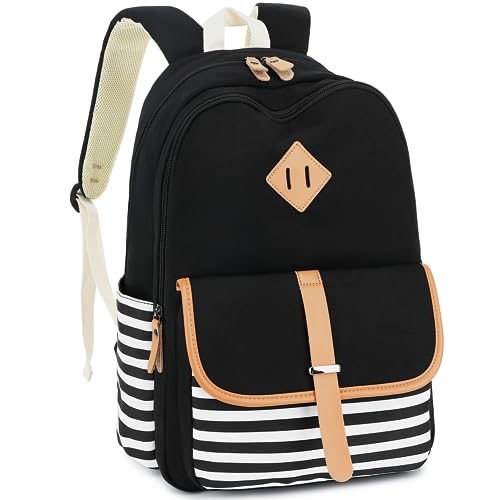 Image of Leaper Canvas School Backpack for Girls Laptop Bag Travel Bag Bookbag Daypack, Black-stripe, Large-more layers, Rucksack Backpacks