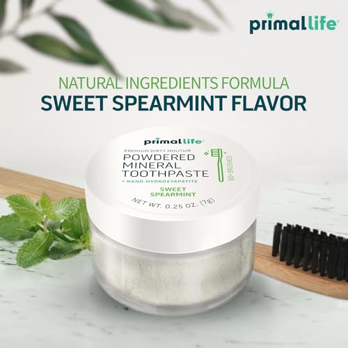 Image of Primal Life Organics - Dirty Mouth Toothpowder, Tooth Cleaning Powder, Flavored Essential Oils with Natural Kaolin & Bentonite Clay, Good for 60+ Brushings, Organic, Vegan (Sweet Spearmint, 0.25 oz)