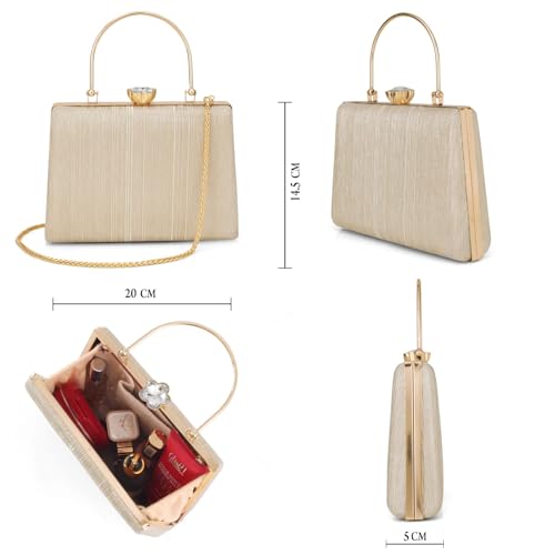 Image of Elegant Gold Textured Metal Handle Clutch Handbag for Women - Party & Wedding Purse