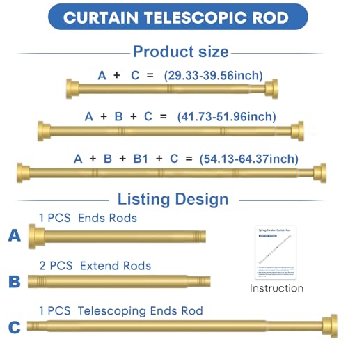 Image of 2Pack Tension Curtain Rod 30-64 Inch Gold Adjustable Curtain Rods No Drilling Expandable Pressure Spring Tension Curtain Rod 7 /8 inch Spring Loaded Curtain Rods For Windows Bedroom Closet Doorway Door