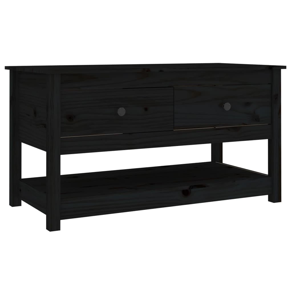 Mesa de centro negra 102 x 49 x 55 cm de madera maciza de pino diseño moderno con 2 cajones y estante abierto, mesa auxiliar robusta para salón, dormitorio y oficina
