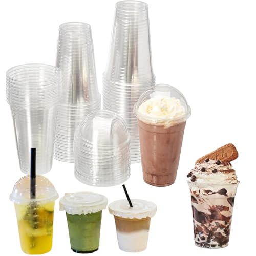 プラカップ 蓋付き 使い捨て 透明プラスチックコップ 加厚PET樹脂カップ 50個入 冷たい飲み物容器 穴が開いたボールカバー フラットな蓋 直接飲めるカバー付き 使い捨てカップ 冷たいドリンク コーヒー アイスティー スムージー (フラット蓋,500ml