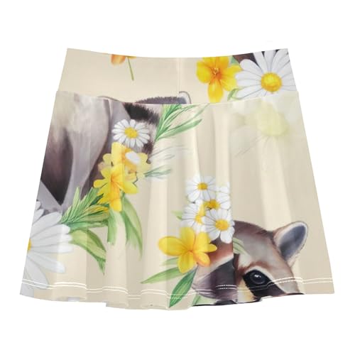 Joisal Cute Raccoons White Daisies Beige Girls' Shorts Athletic Skorts Tennis Skirts Kids Fun Cute School Skirt 3t2