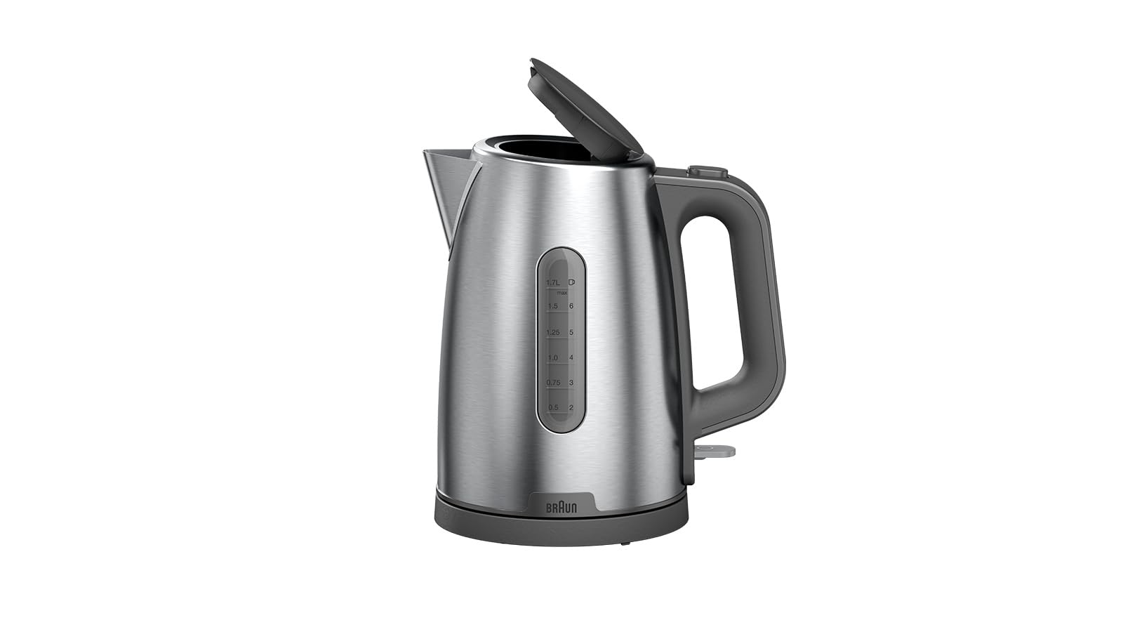 Braun PurShine WK1500GY, bollitore elettrico, base girevole a 360°, indicatore del livello dell'acqua, avvolgicavo, funzione spegnimento automatico, capacità 1,7 l, 2200 W, grigio