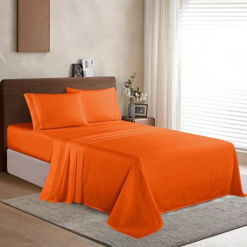 Image of Elegant Comfort Luxury 1500 Premium Hotel Quality Microfiber 4-Piece Sheet Set - Wrinkle Resistant, All Around Elastic Fitted Sheet, Deep Pocket up to 16 inch, Queen, Orange , Modern