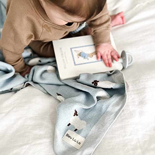 Knit Baby Swaddle Blanket For Boys - 100% Cotton Soft Cozy Lightweight Receiving Swaddling Crib Stroller Quilt Blanket For Shower Gift Registry For Newborns Infants Toddlers (Sheep - Baby Blue) #TOP5