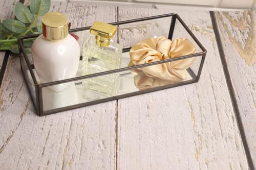 Image of Vintage Rectangular Brass Glass Tray with Jewelry Organizer, Decorative Accent, Wedding Bridal Party Gift, Candy Table Decor (Colour-Black, Size- 25cm X 11cm X 6cm (LxBxH) (Pack of 1)