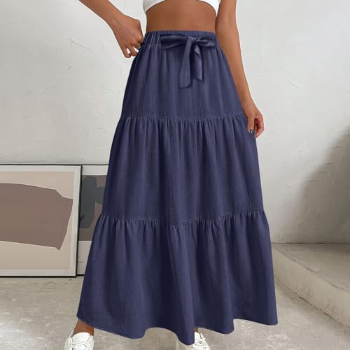 Womens Ruffle Maxi Skirts High Waist Elastic Layered Pleated Long Skirt Summer Casual Flowy Skirts with Drawstring2