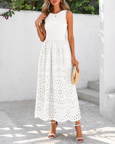 Image of dowerme Women Summer Dresses 2026 Casual Sleeveless Crewneck A-Line Boho Lace Eyelet Cotton Tank Maxi Dress with Pockets