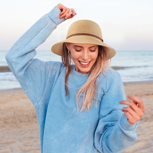 Image of Beach Sun Straw Hats for Women, UPF 50+ UV Sun Protection Wide Brim Summer Straw Hat Foldable Packable Roll up Cap
