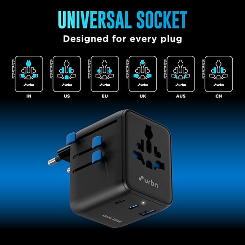 Image of URBN 20W GaN Universal Adapter | Charge 4 Devices Simultaneously | 2500W Universal Socket | Dual USB-C + USB-A | Smart Travel Multi Plug | Global Compatibility | 6-Layer Safety Protection
