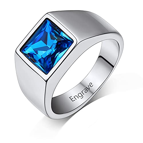 Custom4U Birthstone Signet Ring with Name Engraved,Personalized Stainless Steel/Gold Plated/Black Square Gemstone Rings Size 7-14,Fashion Memorial Jew