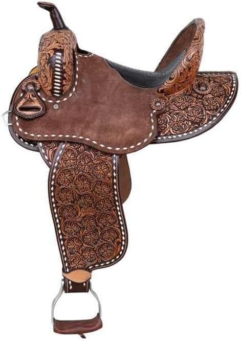 Western Barrel Racing Wooden Tree Horse Saddle Custom Cowboy Cowgirl Handmade Premium Leather Pleasure Comfort Trail Tack Equestrian Tooled Carved Saddle for Riding Size: 10-18 inch Seat, MO-54