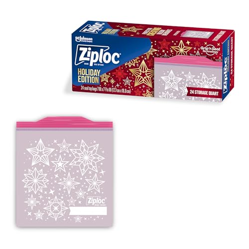 Ziploc Quart Food Storage Bags Grip n Seal Technology for Easier Grip Open and Close 24 Count Holiday Designs