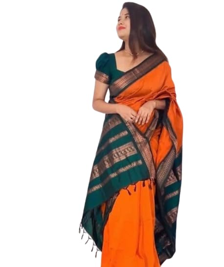 Image of Women's Premium Kanjivaram Cotton Silk Saree South Indian Paithani Sari | Gadwal Cotton Sarees Zari Border with Blouse Piece - Elegant Wedding & Festival Saree | Lightweight & Comfortable Orange 01