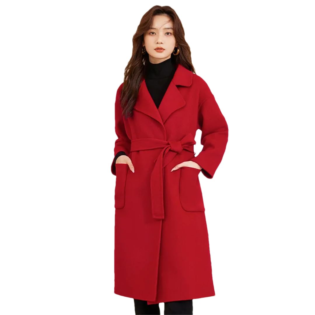 Hdhdeueh Abrigos largos de lana para mujer con cinturón, abrigo de lana sólida de doble cara, gabardina de invierno con solapa, rosso, L