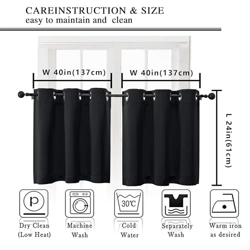 Image of Simplebrand Halloween Black Short Kitchen Curtains 24 Inch Length 2 Panels Set, Small Windows Blackout Curtain for Bathroom, Room Darkening Thermal Insulated Short Drapes, 40 x 24 Inch, Black