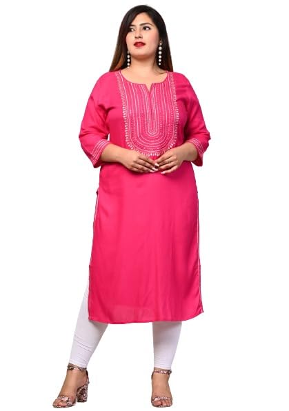 Women Solid Color Embroidered Rayon Plus Size Straight Kurta Pink