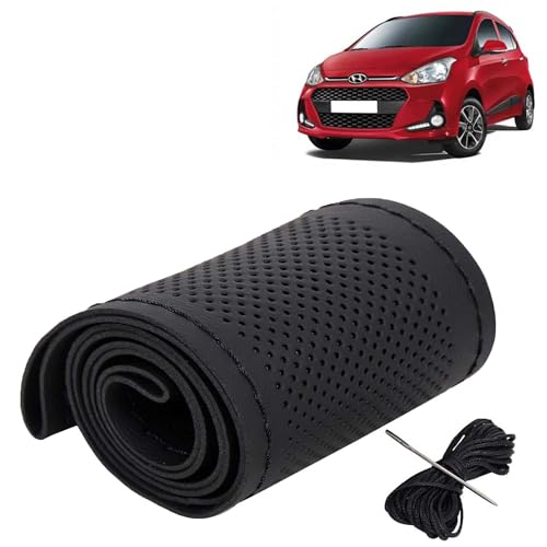 Image of KINGSWAY PU Leatherite Car Steering Cover Sewable Compatible with Hyundai Grand I10 (Year 2017-2019), Black Color with Black Thread, Pack of 1 with Sewing Needle and Thread