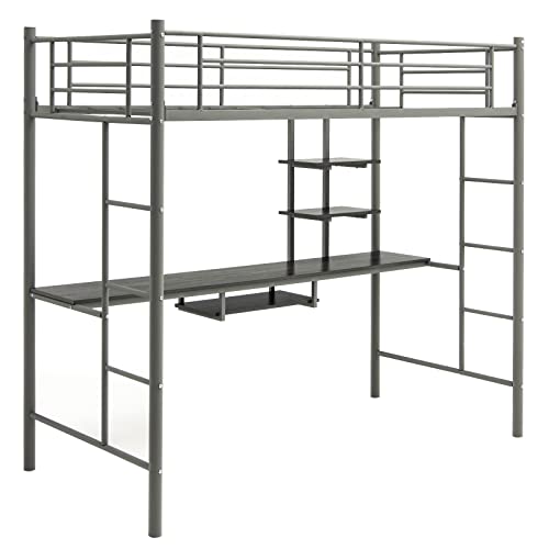 GOPLUS Cama Alta de Metal con Escritorio, Multiusos 2 en 1 con Estación de Trabajo, Estantes de Almacenamiento, 2 Escaleras y Barras de Longitud Completa, Litera Que Ahorra Espacio (Plata)