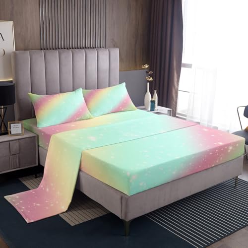 Loussiesd Juego de sábanas de rayas arcoíris degradadas, tamaño King, para niños, niñas y mujeres, juego de ropa de cama de galaxia de ensueño, sábana bajera con bolsillo profundo + 2 fundas de