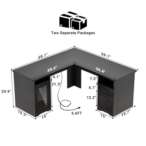 60 Inch L-Shaped Office Desk with Drawers and Power Outlet