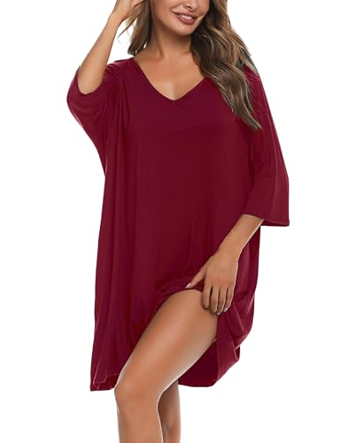 Bresdk Camisones Mujer Algodón Súper Suave Camisón de Mujer Tallas Grandes Manga Corta 3/4 Pijamas Elegante Ropa de Dormir, Vino Rojo, 3XL