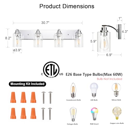 Image of 4-Light Bathroom Light Fixtures Modern Chrome Vanity Lights
