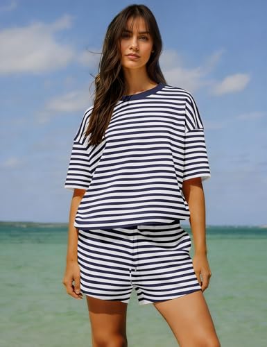 Image of Ythomm Striped Pajamas Shorts Sets Women 2 Piece Lounge Outfits Short Sleeve Tees Drawstring Shorts Summer Matching Pj Sets