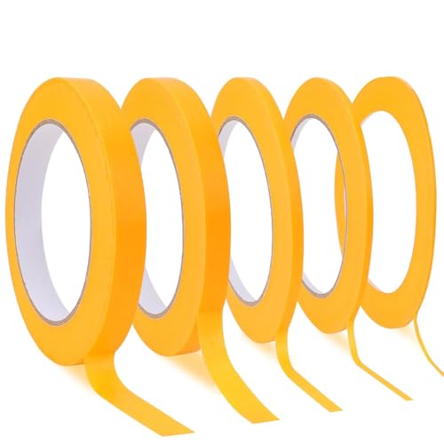 5 Rollos de Cinta Adhesiva,Cinta Adhesiva Amarilla de 3/5/8/10/12 mm,Cinta Enmascarar Modelismo,para Manualidades, carrocería y decoración de Bricolaje(Amarillo Claro)