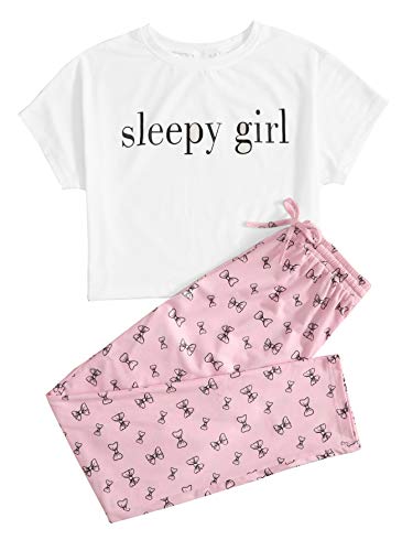 DIDK Women's Graphic Tank Top and Shorts Pajama Set White and Pink L