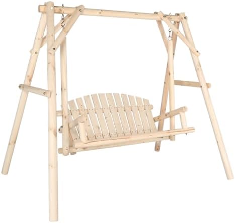 VINGLI 880 LBS Wooden Porch Swing with A-Frame Stand, Natural Outdoor Swing