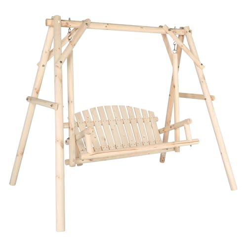 VINGLI Heavy Duty 880 LBS Wooden Patio Porch Swing with A-Frame Stand, Hanging Swing Bench Chair with Frame for Outside, Yard, Garden (Natural)