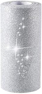 One Pack 25 Yards Glitter Tulle Roll 6 Inch Width Sparkling Tulle Ribbon Roll Sparkle Mesh Ribbon for Chair Ties, Tutu Skirt, Wrapping, Birthday Party, DIY Crafts, Bow, Swags (Silver)