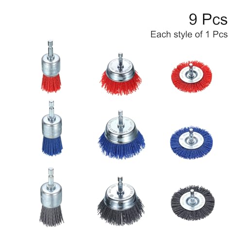 Image of HARFINGTON 9pcs Nylon Filament Wire Wheel Cup Brush for Drill, Abrasive Brushes Set with 1 /4 inch Hex Shank, 1 inch,3 inch, Used for Rust /Corrosion /Paint Removal and Scrub Surface