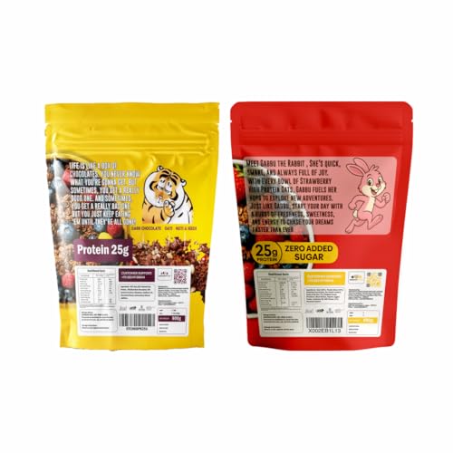 Image of GrowFitz 25g High Protein Oats 800 Gram, Pack of 2 | Chocolate & Strawberry Flavor Combo Breakfast Oatmeal | 17g High Fiber, Almonds, Raisin, Pumpkin, Chia Seeds, Super Rolled Oats | No Added Sugar