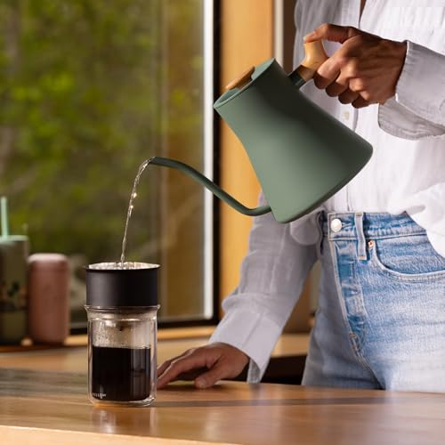 Image of Fellow Stagg EKG Pro Electric Gooseneck Kettle - Pour-Over Coffee and Tea, Quick Heating, Precise Temperature Control, Scheduling, Built-in Brew Timer, Smoke Green with Maple Wood Handle, 0.9 Liter