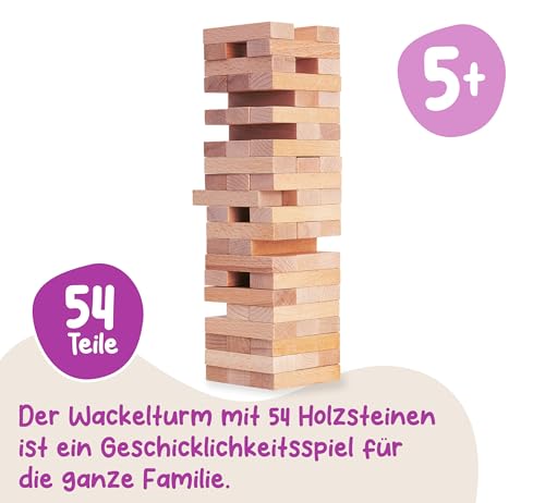 Eichhorn 100002466 Stapelspiel, Geschicklichkeitsspiel für die ganze Familie, Balance Tower gefertigt aus unbehandelten Holz, Wackelturm 54 teilig, geeignet ab 5 Jahren